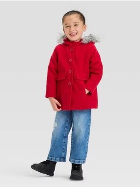 Cat & Jack Toddler Girls Red Coat Size 2T Faux Fur Hood Jacket